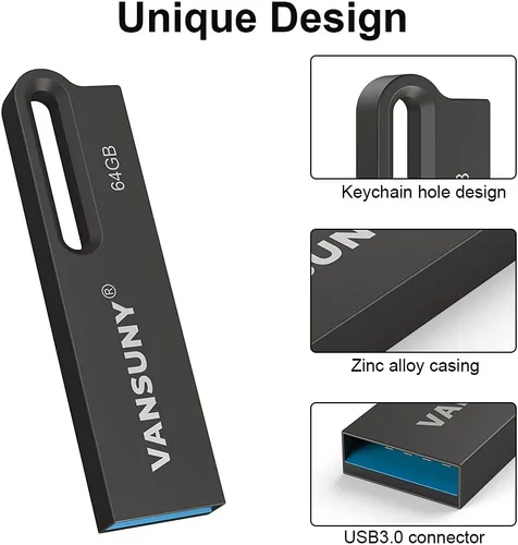 Vista 3 de Vansuny Memoria USB 3.0 de alta velocidad impermeable de metal de 64 GB, memoria portátil para PC/tabletas/Mac/Laptop