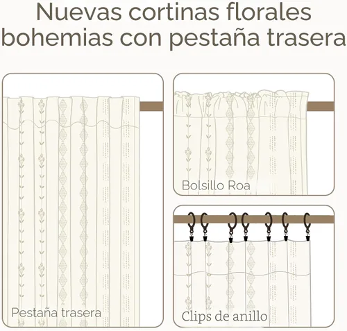Vista 4 de Lino Rosa Cortinas cortas para ventana de dormitorio, baño, cortinas traslúcidas con estampado bohemio de lino color gris pardo, no pellizca