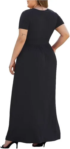Vista 4 de Maxi vestido casual para mujer, diseño de manga corta con cuello en V y bolsillos, tallas L-5XL A01-negro