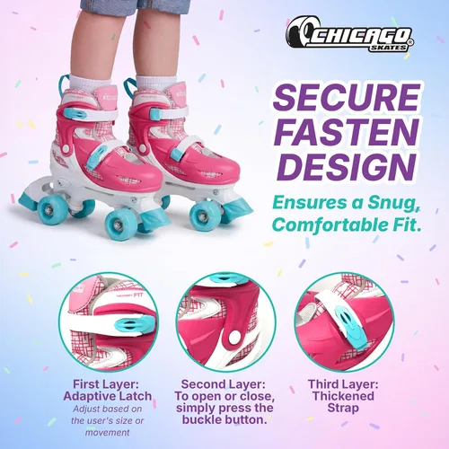 Vista 2 de Chicago Roller Skates for Girls & Boys with Protective Gear – Helmet, Knee Pads & Wrist Guards – Durable Top Performance Indoor/Outdoor Use, Safety