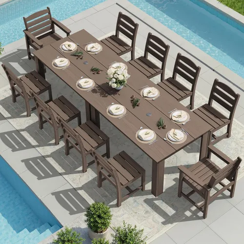 Vista 16 de SERWALL Juego de comedor HDPE para 4, juegos de comedor al aire libre para 4 personas con 1 orificio para sombrilla, mesa rectangular y 4 sillas