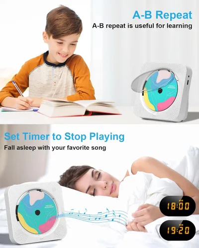 Vista 4 de Reproductor de CD portátil con Bluetooth Reproductores de CD de escritorio para el hogar con altavoces de sonido HiFi, Mini reproductor de CD lindo