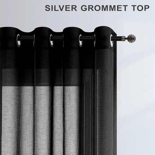 Vista 4 de Cortinas traslúcidas negras de 63 pulgadas de largo para decoración de dormitorio de niños, 2 paneles con ojales, cortinas de aspecto de lino