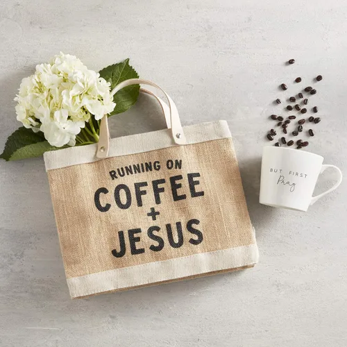 Vista 2 de Creative Brands Faithworks - Bolsa de mano inspiradora para el mercado de yute Café y Jesús