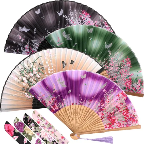 Vista 20 de Zonon Paquete de 4 abanicos plegables florales de mano, abanicos de bambú de seda con borla para mujer, ventilador plegable de mano ahuecado