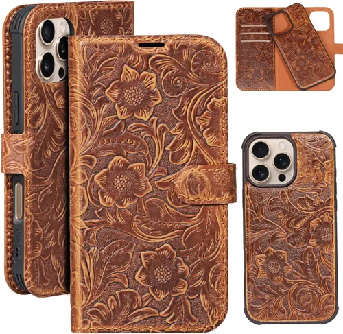 Vista 9 de Funda de cuero compatible con iPhone 13 Pro Wallet de 6.1 pulgadas, piel auténtica 2 en 1, magnética, desmontable, a prueba de golpes, funda