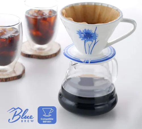 Vista 4 de Blue Brew Gama de vidrio transparente Servidor de café para verter sobre café y té, 20.3 fl oz (20 onzas) resistente al calor, jarra, cafetera