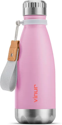 Vista 17 de VINUR Botella de agua para niños, 9 onzas, acero inoxidable, doble pared, aislada al vacío, botella de agua para la escuela, frasco en forma de cola
