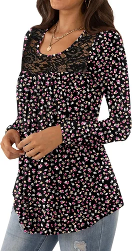 Vista 2 de BISHUIGE Blusa de manga corta para mujer, estilo casual, holgada, con panel de encaje, plisada