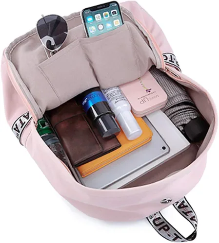 Vista 8 de Mochila escolar para adolescentes con puerto de carga USB de 16 pulgadas, mochila de viaje para computadora portátil, Negro-zapato encaje-usb