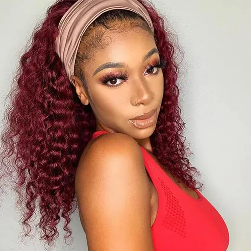 Vista 8 de Aiterina - Peluca de diadema de onda profunda con cabello humano para mujeres negras, cabello remy brasileño, sin pegamento, sin encaje frontal