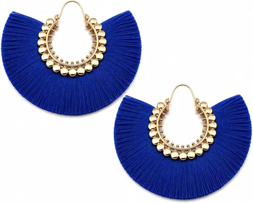 Vista 21 de Aretes de aro con borla, aretes colgantes de hilo de declaración, elegantes aretes largos con flecos, ligeros, largos y con gancho francés, para un