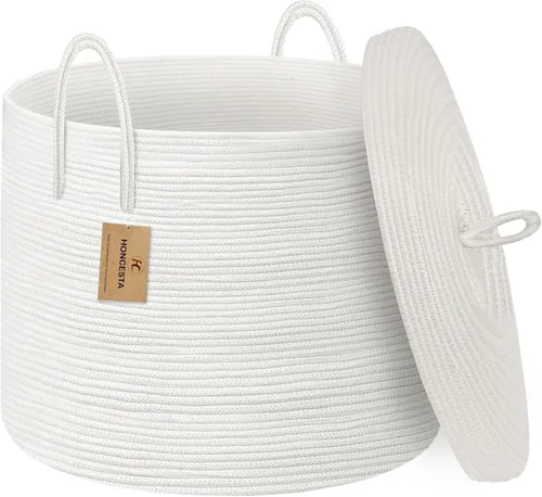 Vista 9 de Cesta de almacenamiento grande de 18" X 18" X 14" con tapa, cesta para mantas de sala de estar, caja de almacenamiento de cuerda de algodón tejida
