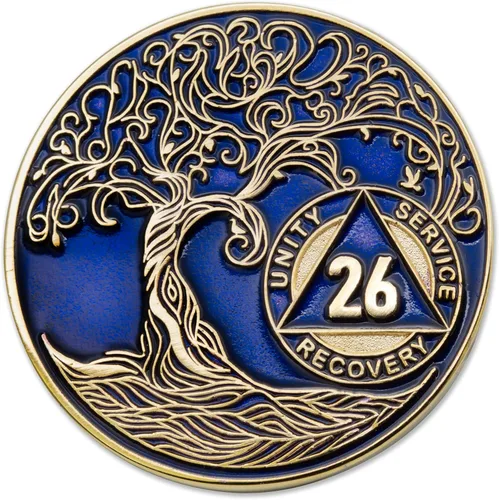 Vista 269 de 1 año Sobriety Mint Twisted Tree of Life Medallón de recuperación AA chapado en oro, chip/ficha - negro