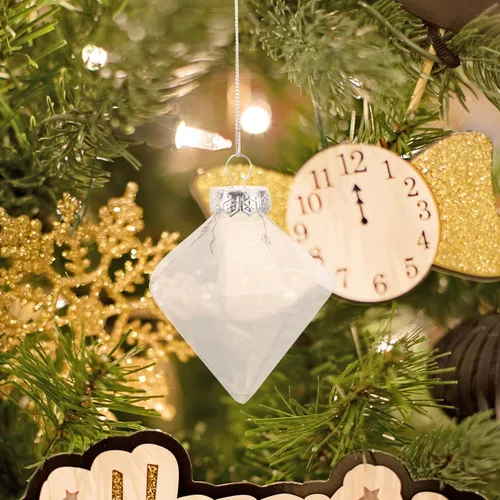 Vista 2 de Uonlytech 12 bolas de adorno rellenables de plástico transparente con forma de diamante, bola de Navidad, adorno colgante de árbol