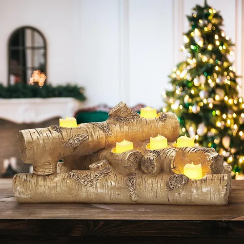 Vista 5 de Mumufy Portavelas de chimenea de imitación para chimeneas interiores, portavelas de madera rústica para decoración de Navidad, hogar, decoración