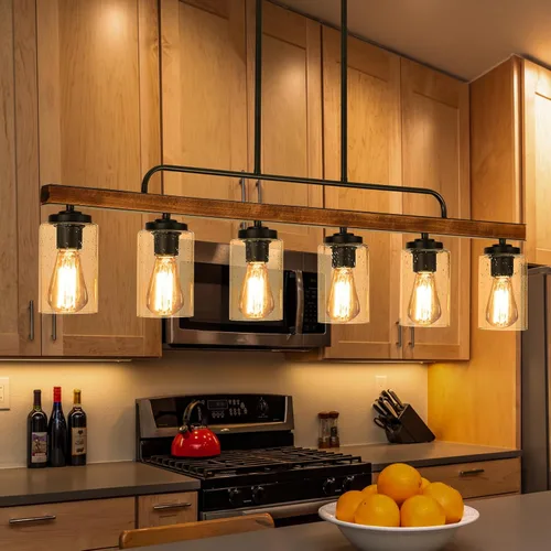 Vista 9 de Lámpara de Comedor Estilo Granja, Iluminación de Isla de Cocina de Madera de 4 Luces, Candelabros Industriales para Comedor Sobre Mesa, Lámpara