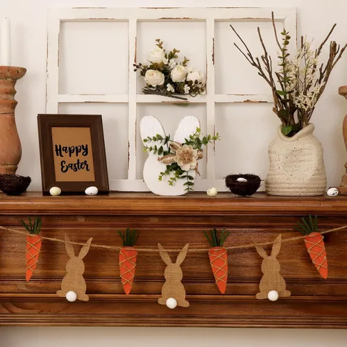 Vista 6 de Decoraciones de Pascua para el hogar: Rústica Antigua Conejito de Madera Feliz Pascua Mesa, Conejo Blanco de Granja con Flores Conejo de Madera