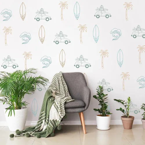 Vista 6 de Adhesivo de pared retro con temática de surfista, calcomanías de pared de océano, calcomanías de habitación de playa para niños, decoración de sol