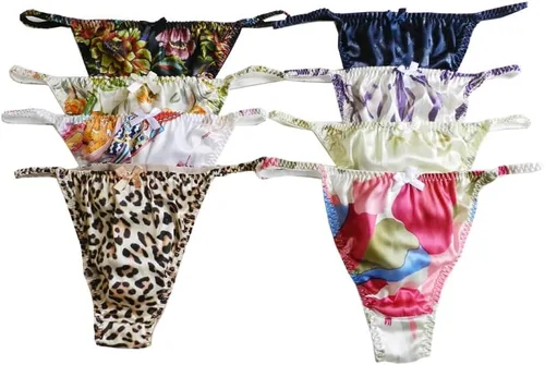 8 piezas de tangas de seda para mujer, tangas sexis con tanga en T, parte trasera en T, bikini de satén, ropa interior de flores S-XXL (26-41