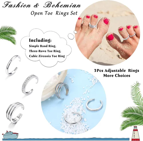 Vista 3 de Udalyn - Juego de 3 anillos de plata de ley 925 para mujer, ajustable, anillo de dedo para pies, hipoalergénico, anillo abierto