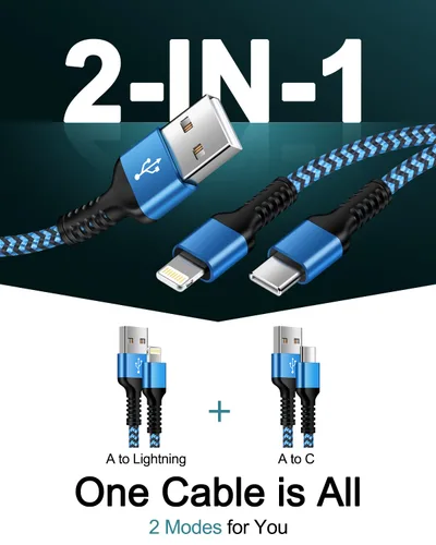 Vista 2 de para cable de carga 2 en 1 Lightning y USB-C de Apple (4 pies), USB a Lightning y USB a USB-C, cable de carga largo y rápido para iPhone 17 Air 16e