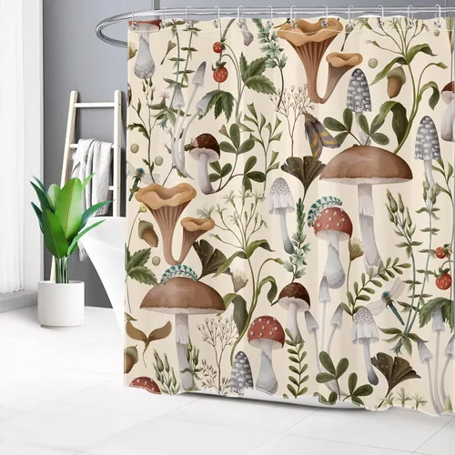 Vista 23 de HVEST 70s Mushroom Shower Curtain, Various Mushrooms and Leaves on Beige Background Bathroom Curtain with Hooks, Vintage Plant Bath Polyester Fabric