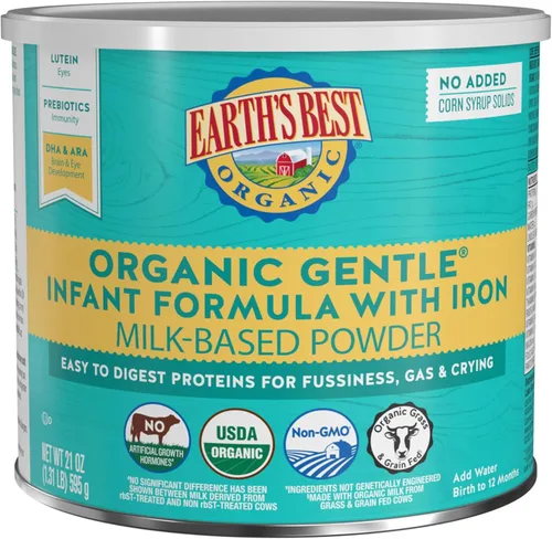 Earth's Best - Fórmula orgánica para bebés, fórmula suave para lactantes de 0 a 12 meses, polvo a base de leche con hierro, Omega-3 DHA y Omega-6