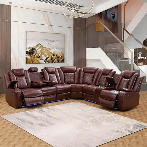 Vista 21 de Juego de sofá modular reclinable eléctrico para sala de estar, juego de sofá reclinable de cuero con luces LED / almacenamiento oculto, sofá en Beige