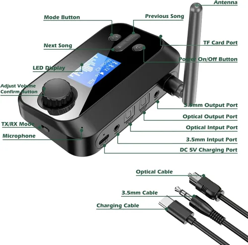 Vista 8 de Transmisor Bluetooth para auriculares duales de TV, adaptador Bluetooth para TV pantalla LCD de volumen ajustable, receptor inalámbrico para estéreo