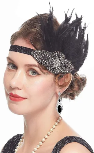 Vista 2 de Cizoe - Juego de accesorios estilo El Gran Gatsby de la década de 1920, para mujer, diadema estilo flapper, disfraz, tocado, collar, guantes (1111da)