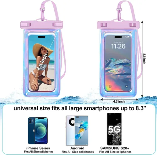 Vista 2 de Paquete de 2 bolsas impermeables universales iridiscentes de hasta 8.3 pulgadas, bolsa seca grande impermeable para teléfono, nivel de protección