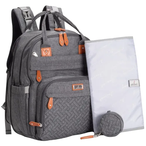 Vista 27 de BabbleRoo - Mochila de cuero para pañales, bolso de viaje para bebé con artículos esenciales, multifuncional, resistente al agua, con almohadilla