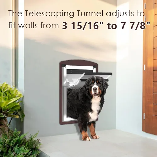 Vista 2 de Puerta para perro para pared, puerta extragrande para perro con 2 solapas magnéticas, 2 paneles de bloqueo, marco de acero y túnel telescópico