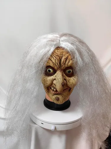 Máscara de látex de bruja de anciana con cabello blanco – Máscara de disfraz realista de Halloween para fiesta de máscaras, nariz verrugosa y mole