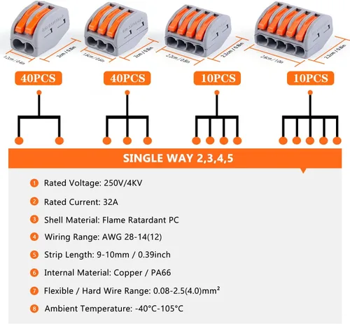 Vista 4 de Delgada Kit de 100 tuercas de conector de cable compacto, terminales reutilizables para empalme rápido de cables. Compatible con cables trenzados