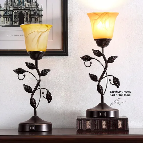 Vista 3 de Lámpara de mesa con control táctil con 2 puertos de carga USB, lámparas de mesita de noche regulables de 3 vías, pantalla de vidrio ámbar, lámpara