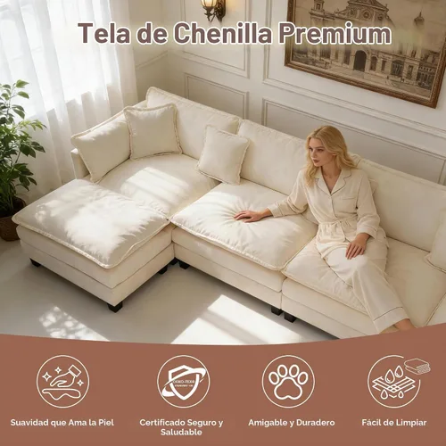 Vista 5 de Sofá seccional, cómodo sofá modular de nube, sofá modular de asiento profundo, sofá moderno en la nube, sofás modulares para sala de estar Beige