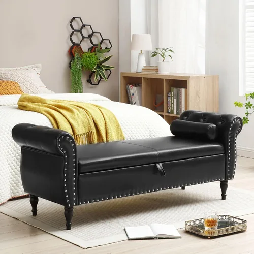 Aoowow Banco de almacenamiento para dormitorio, extremo de cama, enrollado, de piel sintética, otomano, asiento largo, ventana, chimenea, banco de