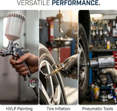 Vista 7 de LE LEMATEC Regulador de compresor de aire y válvula de control de flujo con manómetro - para herramientas neumáticas, pintura en aerosol, inflado