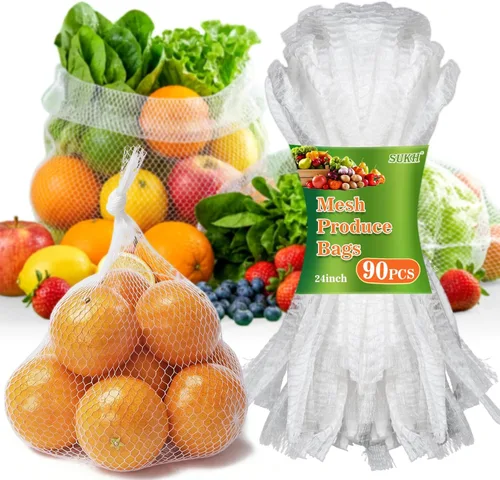 Vista 8 de Sukh 90 bolsas de malla para productos – Bolsas de malla para verduras de 24 pulgadas, red de almacenamiento de cebolla, red de mariscos para Rojo