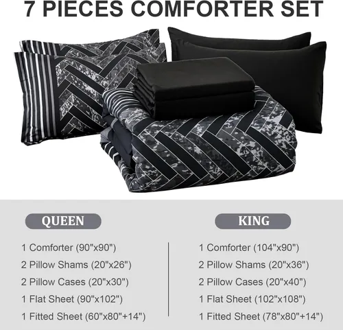 Vista 6 de Luxudecor Juego de edredón negro tamaño Queen, 7 piezas de ropa de cama geométrica a rayas en una bolsa, edredón geométrico y juego de sábanas
