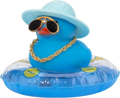 Vista 18 de Wonuu Decoraciones de tablero de goma de pato para automóvil, accesorios con anillo de natación, gafas de sol, sombrero y collar, azul y delfín