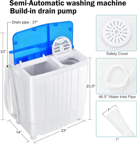 Vista 5 de COSTWAY Lavadora portátil, doble bañera semiautomática de 13 libras, lavadora compacta y giratoria, bomba de drenaje integrada, pomos de control