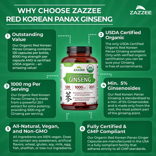 Vista 6 de Zazzee USDA Organic Red Korean Panax Ginseng Extracto 20:1, 1000 mg, 5% de ginsenósidos, 120 cápsulas veganas, extracto de raíz estandarizado