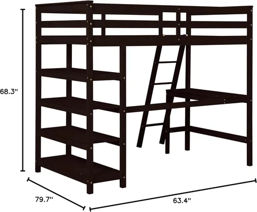 Vista 9 de ODC Cama alta individual con escritorio y estantería para adolescentes y adultos, marco de cama alta de madera maciza con escalera