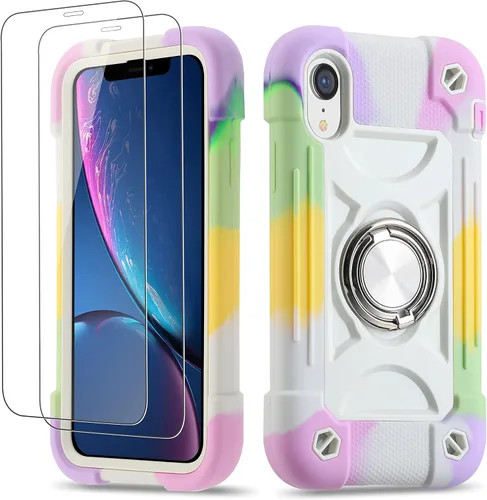 Vista 16 de Funda para iPhone XR de 6.1 pulgadas con soporte de anillo, con 2 protectores de pantalla de vidrio, resistente a los golpes, resistente a