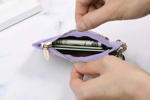 Vista 4 de Carteras pequeñas de cuero delgado para mujeres, tarjetero, cartera, monedero con llavero