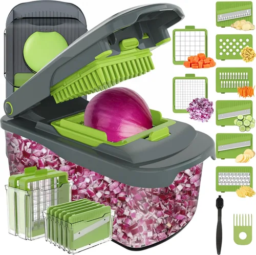 Vista 10 de Picadora de verduras Ourokhome con recipiente, picadora manual de verduras con 2 cuchillas de corte para tiras de papa, cubos de cebolla, palitos