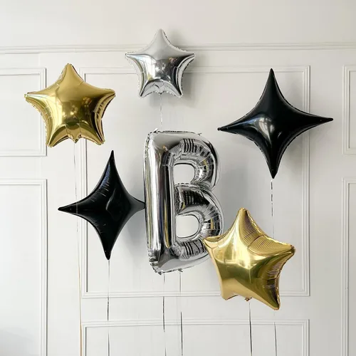 Vista 3 de Globos de Estrella Negra, 12 Piezas Globos de Papel de Aluminio de Estrella de Cuatro Ángulos, 26 Pulgadas y 10 Pulgadas Globo de Película de Negro